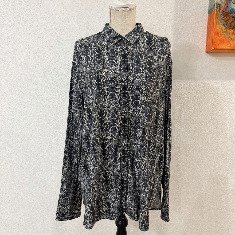 MM.LaFleur Women's XL Black Ivory‎ Abstract Print Button Front Blouse Stretch